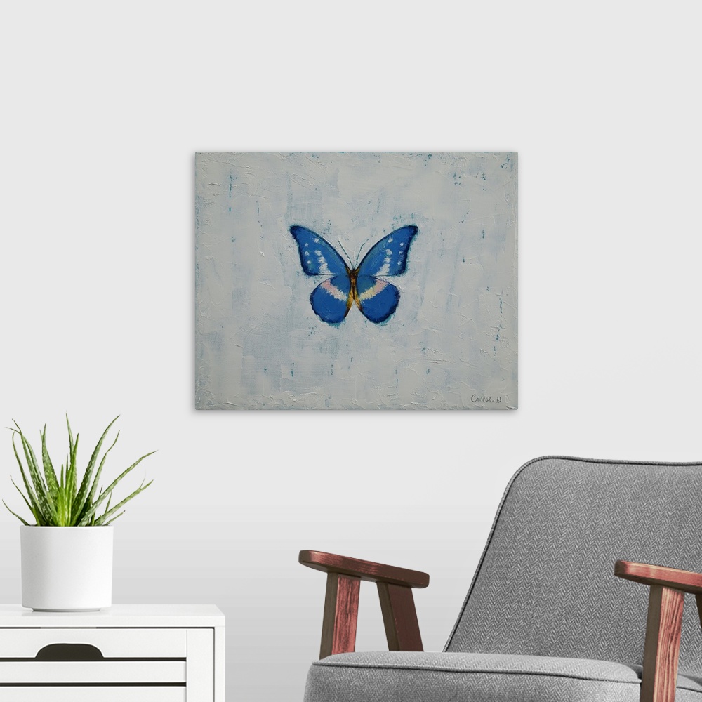 A modern room featuring A contemporary painting of a blue and white butterfly against a white background.