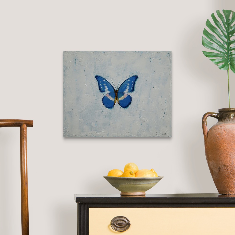 A traditional room featuring A contemporary painting of a blue and white butterfly against a white background.