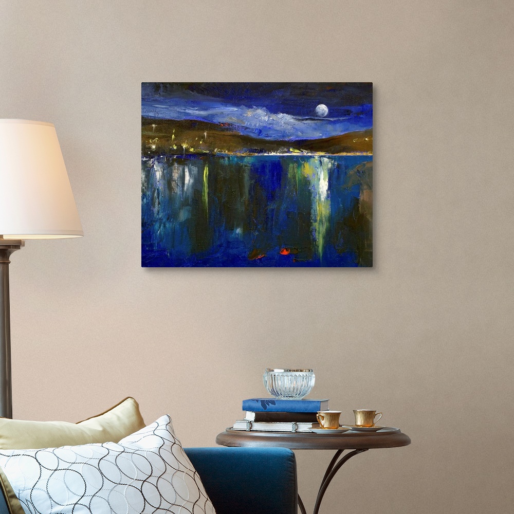 A traditional room featuring The moon, hillside, and village lights reflect on the still surface of a lake in this contemporar...