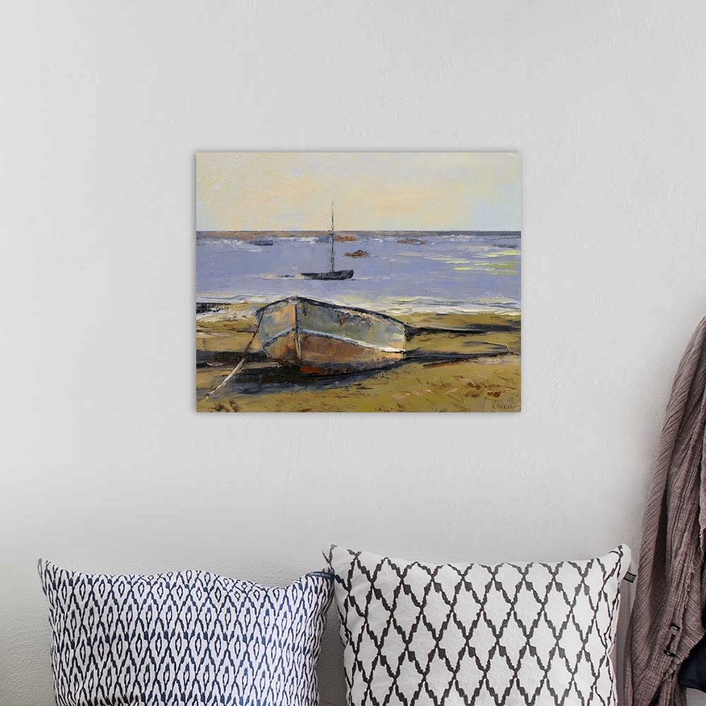 A bohemian room featuring Oil painting of rusted row boat washed up on sand with a small sailboat in the ocean.