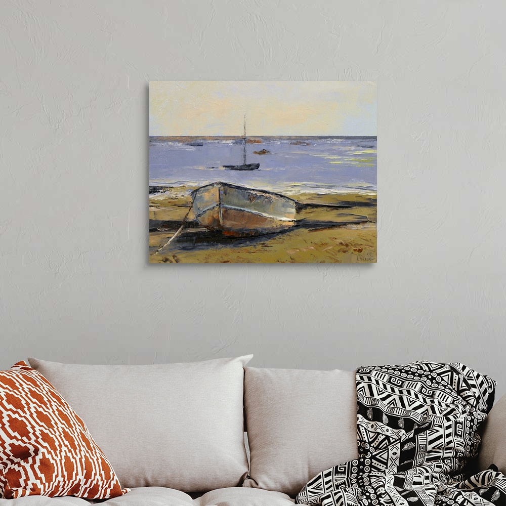 A bohemian room featuring Oil painting of rusted row boat washed up on sand with a small sailboat in the ocean.