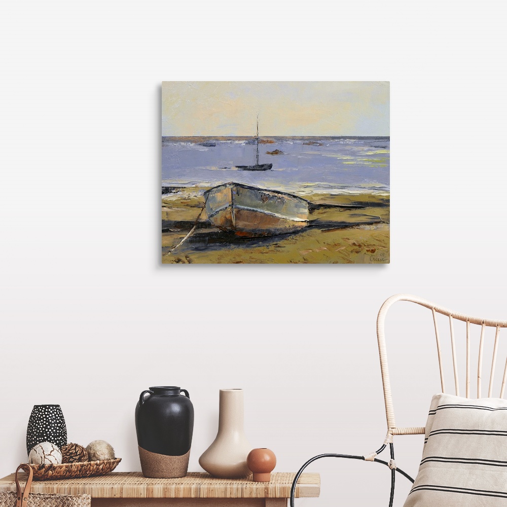 A farmhouse room featuring Oil painting of rusted row boat washed up on sand with a small sailboat in the ocean.