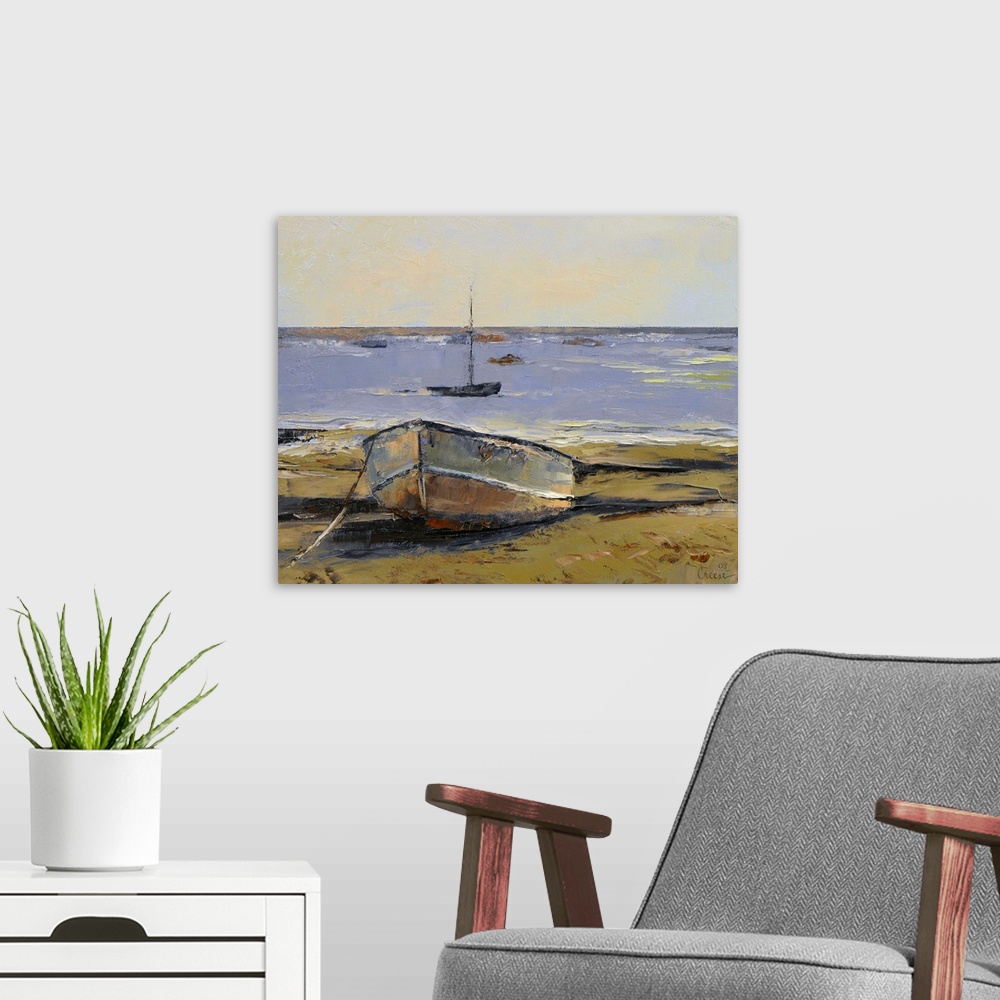 A modern room featuring Oil painting of rusted row boat washed up on sand with a small sailboat in the ocean.