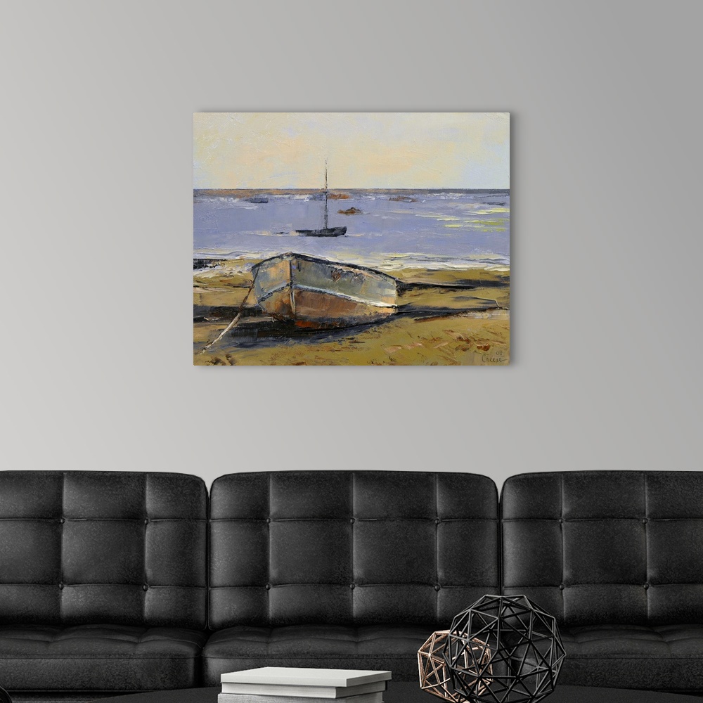 A modern room featuring Oil painting of rusted row boat washed up on sand with a small sailboat in the ocean.