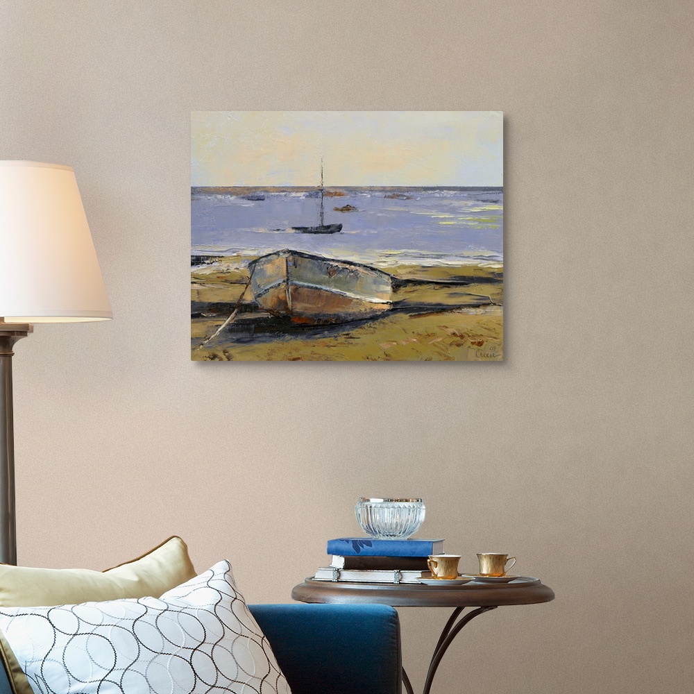 A traditional room featuring Oil painting of rusted row boat washed up on sand with a small sailboat in the ocean.