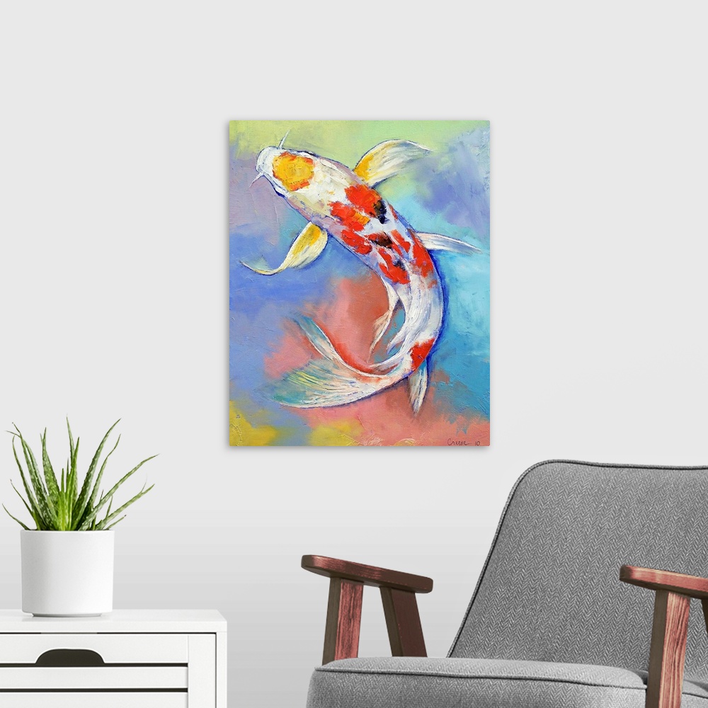 A modern room featuring This vertical decorative accent is a delicate painting of a swimming garden pond fish against an ...