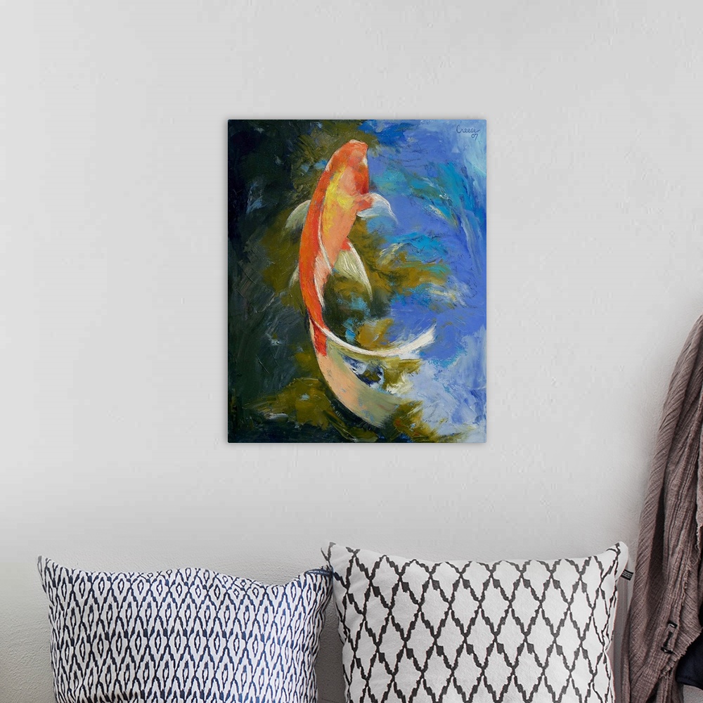 A bohemian room featuring Vertical, large painting of the top of a butterfly koi fish swimming through the plants in the wa...