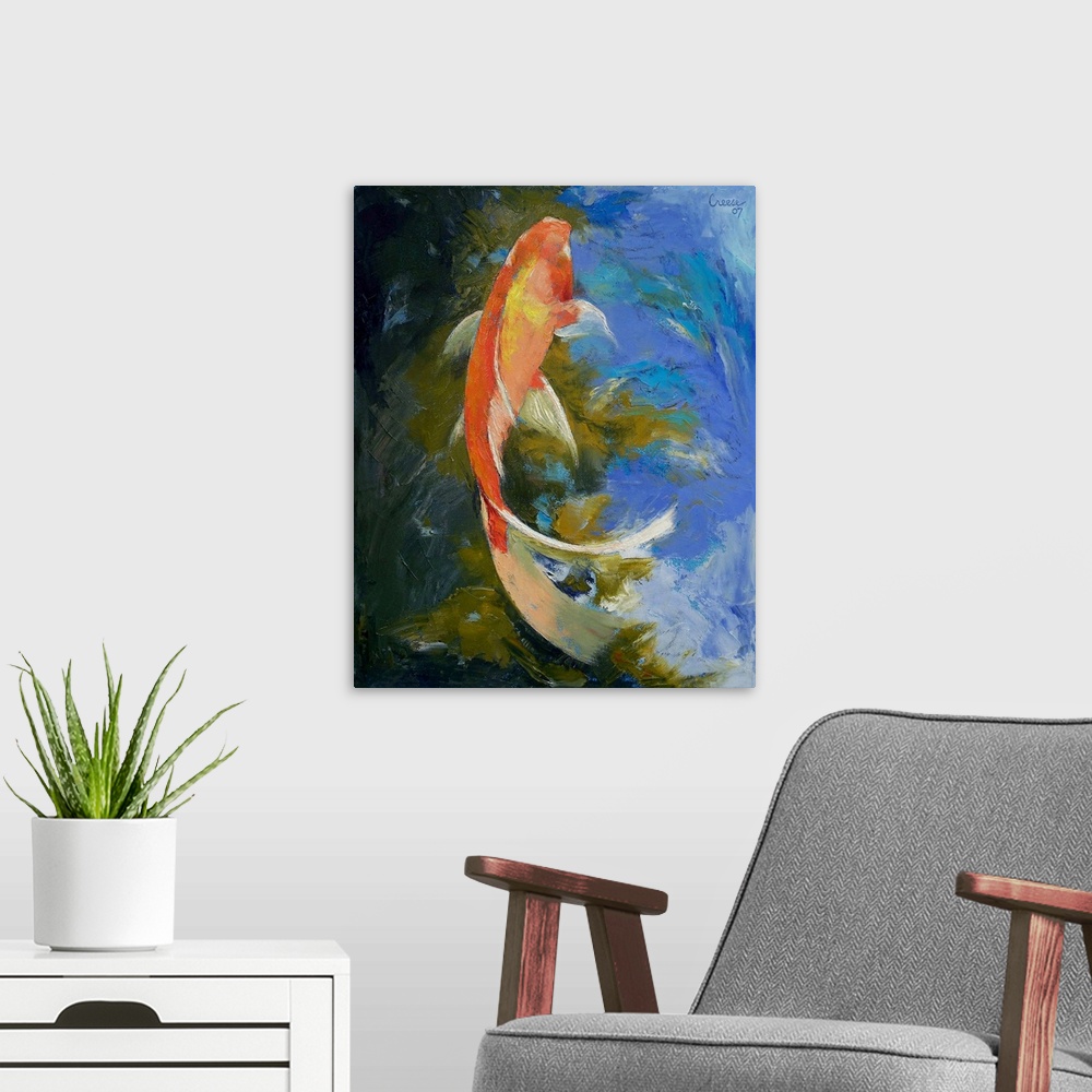 A modern room featuring Vertical, large painting of the top of a butterfly koi fish swimming through the plants in the wa...