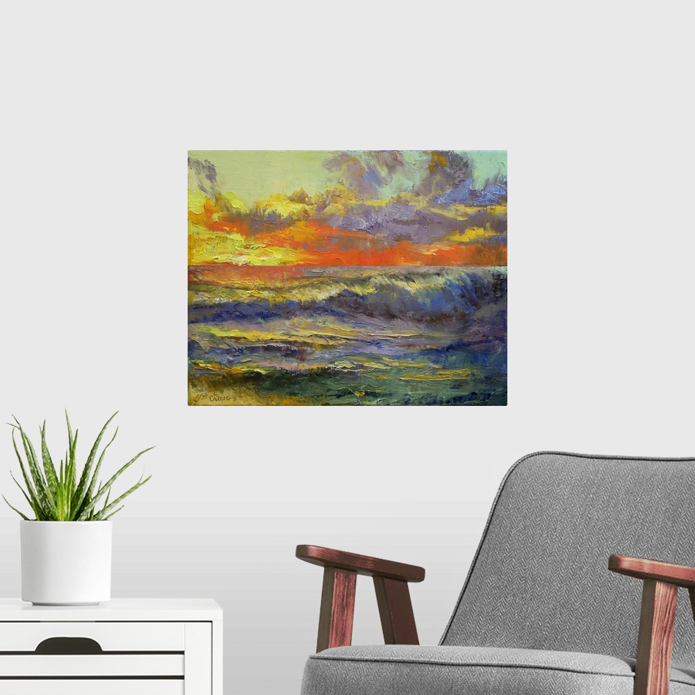 A modern room featuring California Dreaming - Sunset Seascape