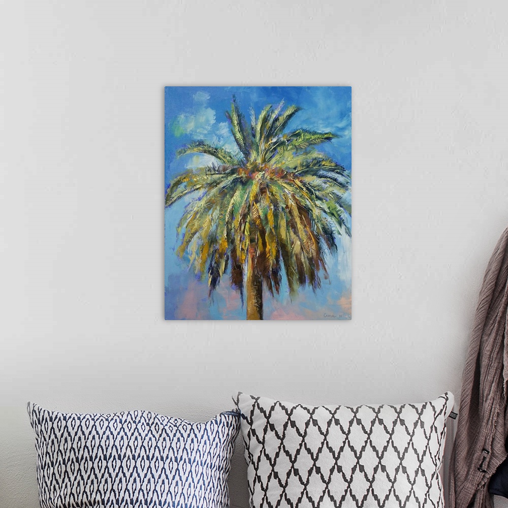 A bohemian room featuring Big, vertical painting of the top of a palm tree against a blue sky.  Painted with thick, rough b...
