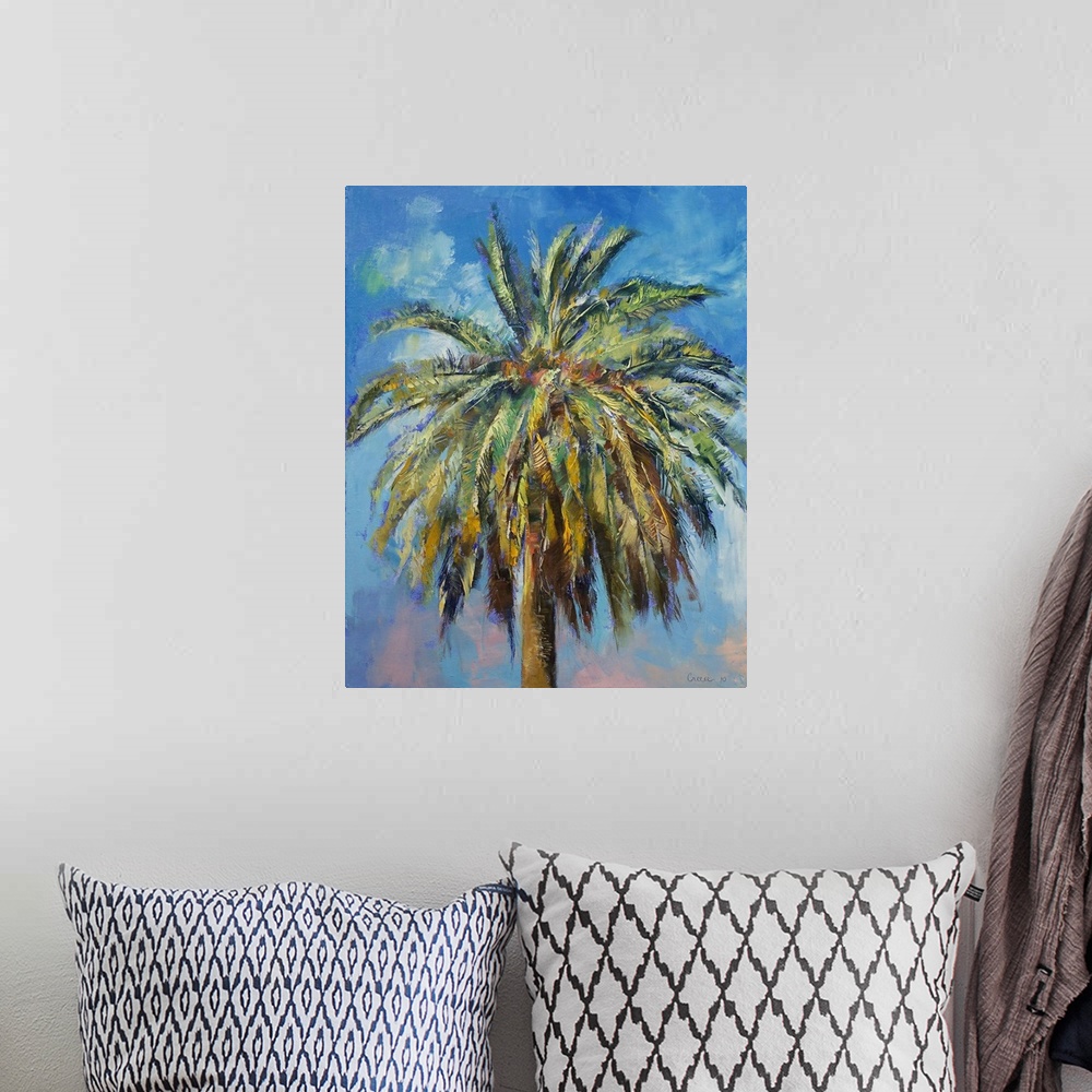 A bohemian room featuring Big, vertical painting of the top of a palm tree against a blue sky.  Painted with thick, rough b...