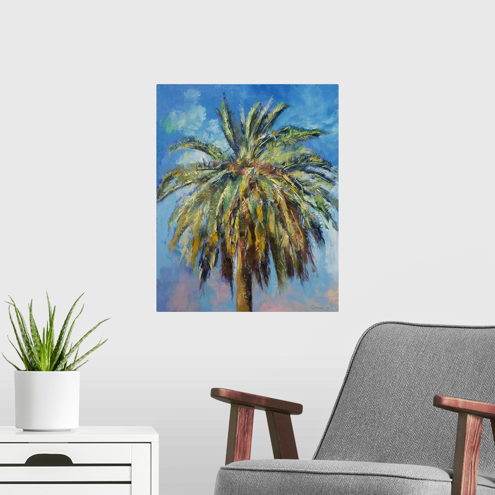 A modern room featuring Big, vertical painting of the top of a palm tree against a blue sky.  Painted with thick, rough b...