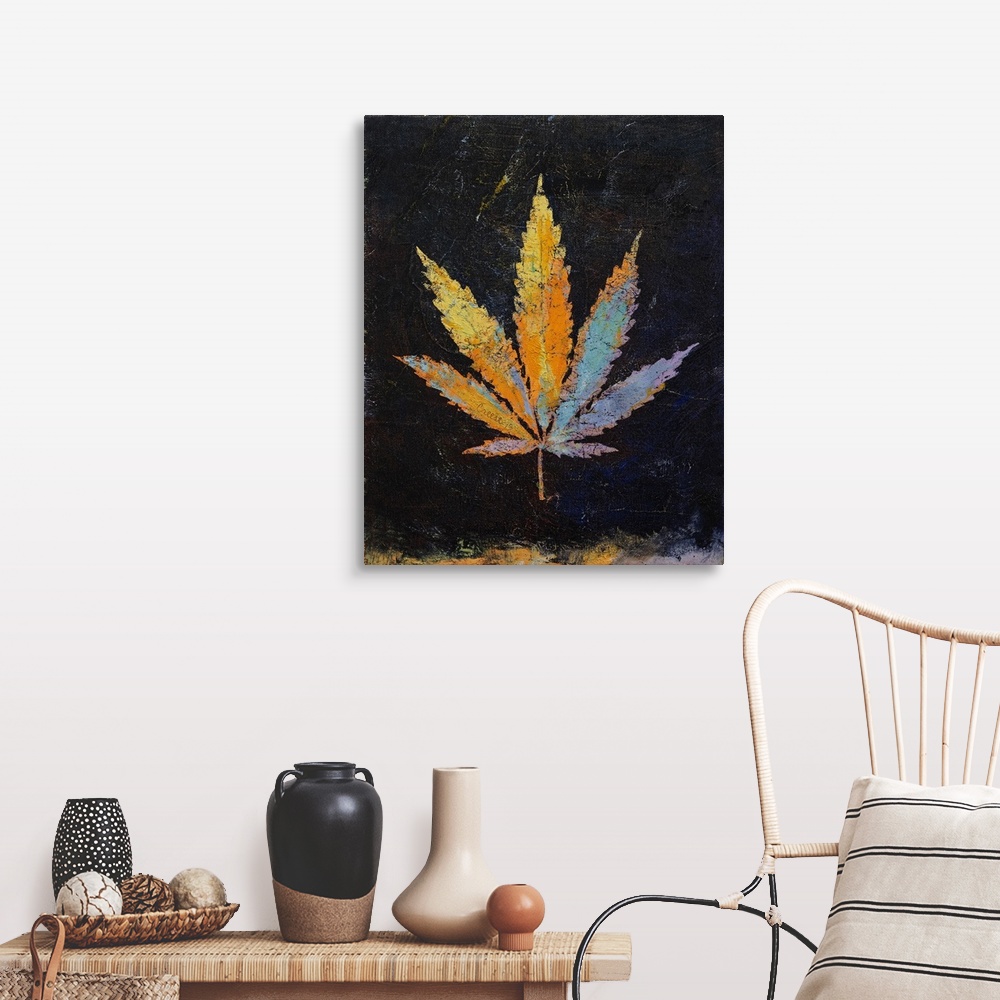 A farmhouse room featuring A contemporary painting of a colorful plant leaf against a black background.