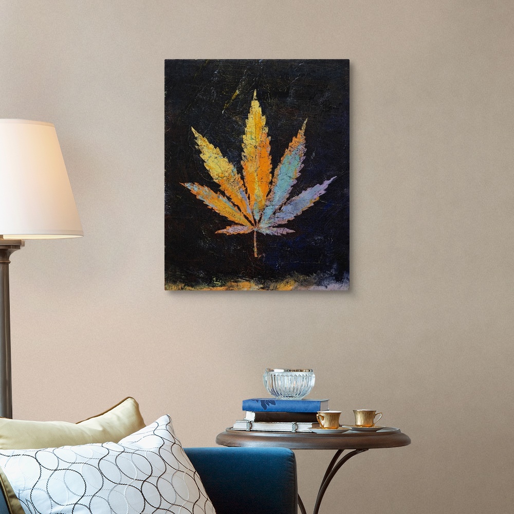 A traditional room featuring A contemporary painting of a colorful plant leaf against a black background.