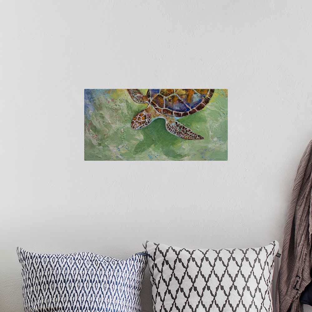 A bohemian room featuring A contemporary painting of a sea turtle.