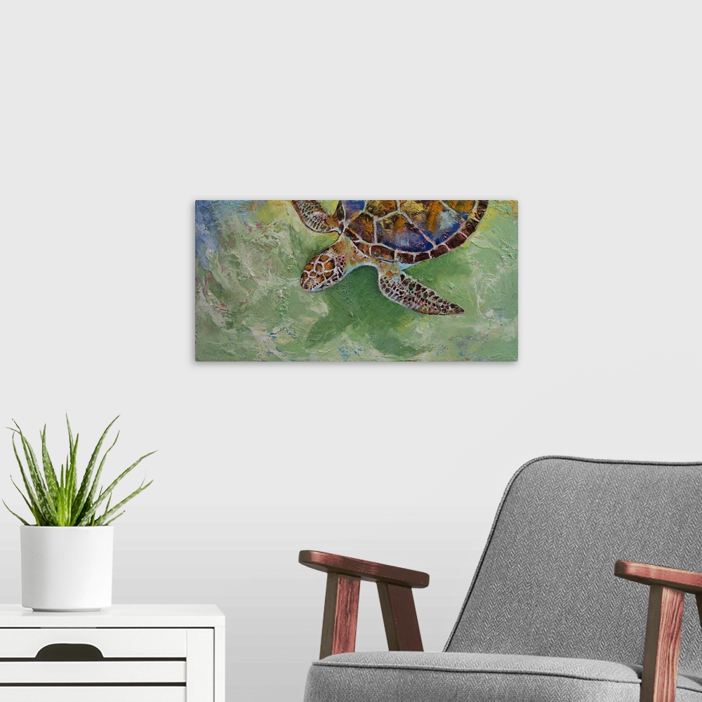 A modern room featuring A contemporary painting of a sea turtle.