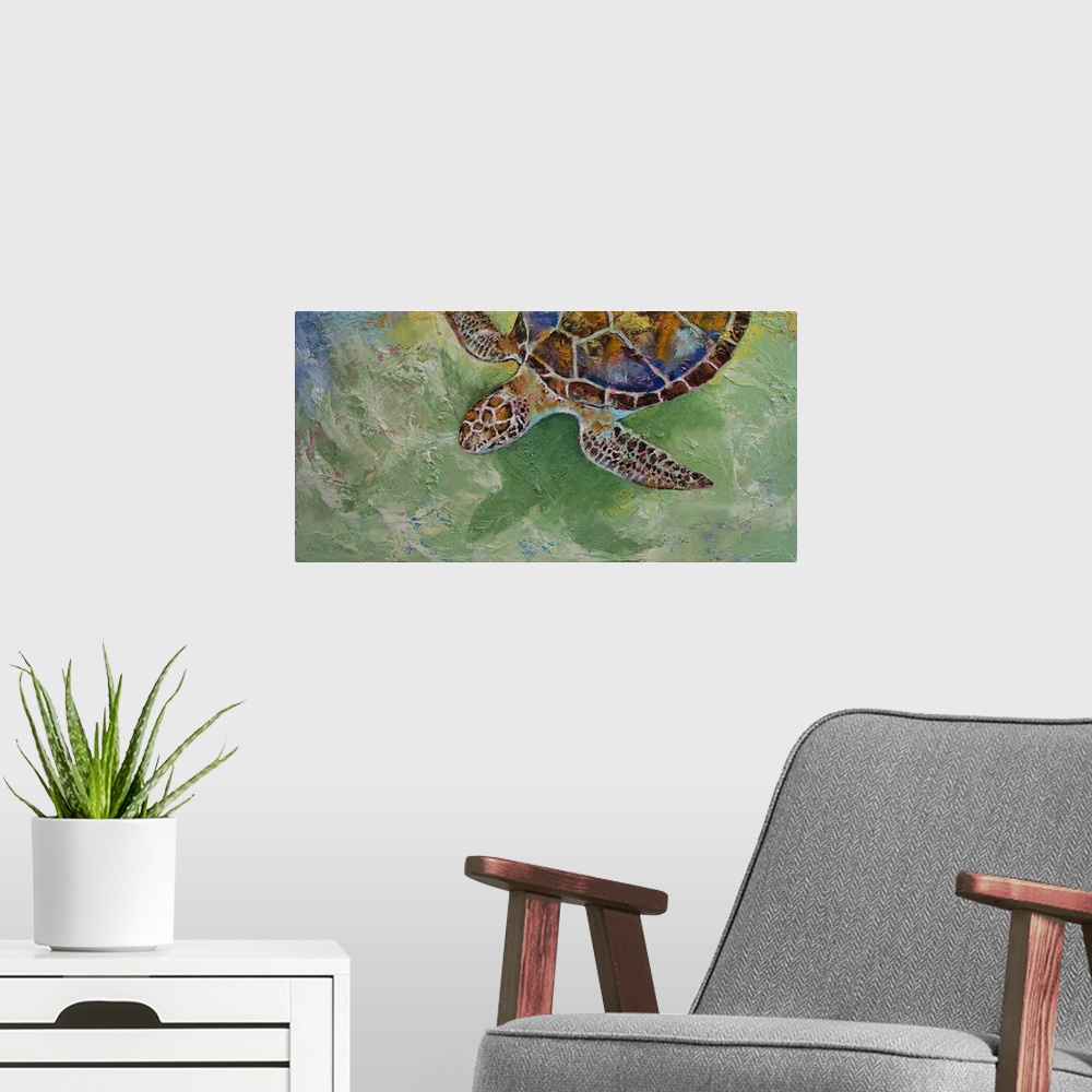 A modern room featuring A contemporary painting of a sea turtle.