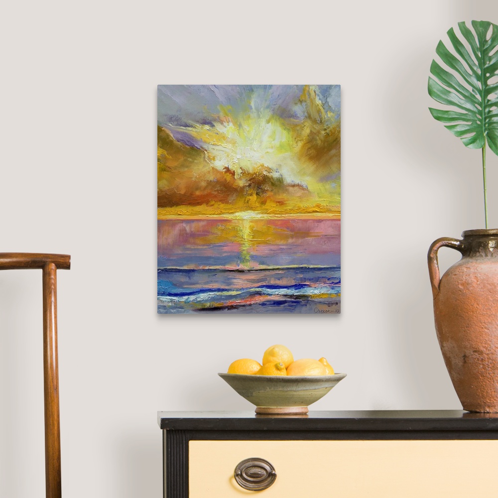 A traditional room featuring Abstract oil painting of the setting sun over the ocean.  The partly cloud covered sun is reflect...