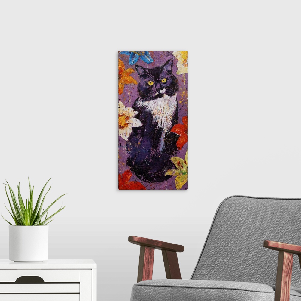 A modern room featuring Cat with Tiger Lilies