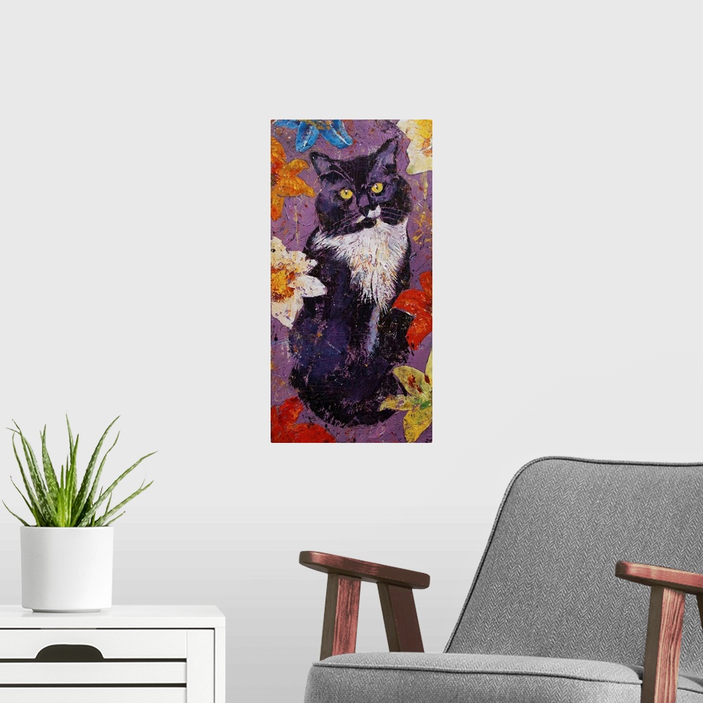 A modern room featuring Cat with Tiger Lilies