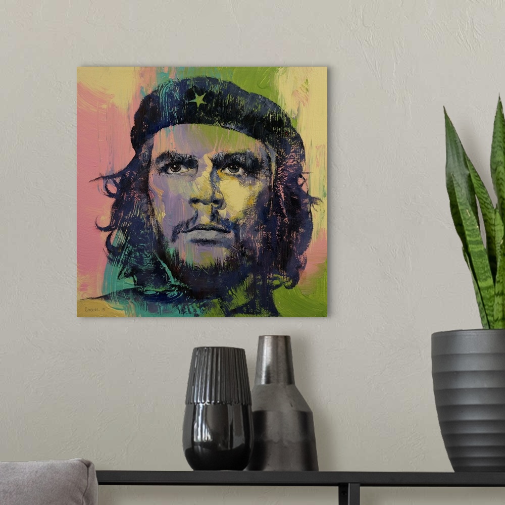 A modern room featuring A contemporary painting of a portrait of a Che Guevara