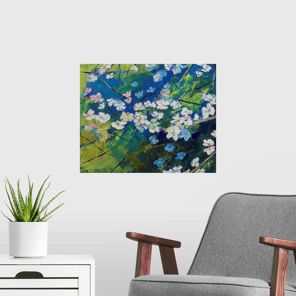 A modern room featuring Big floral art shows an assortment of cherry blossom flowers.  Brush strokes and layering used by...