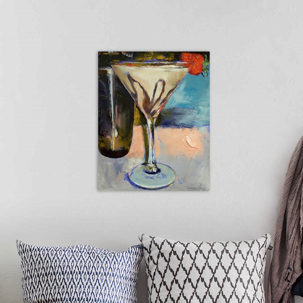 A bohemian room featuring Oil painting by an American artist of an alcoholic beverage garnished with a strawberry with glas...