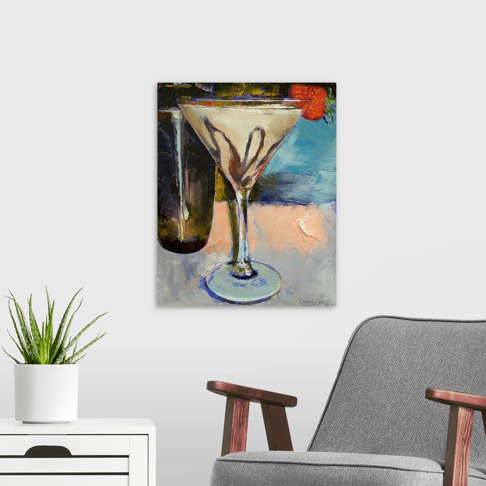 A modern room featuring Oil painting by an American artist of an alcoholic beverage garnished with a strawberry with glas...