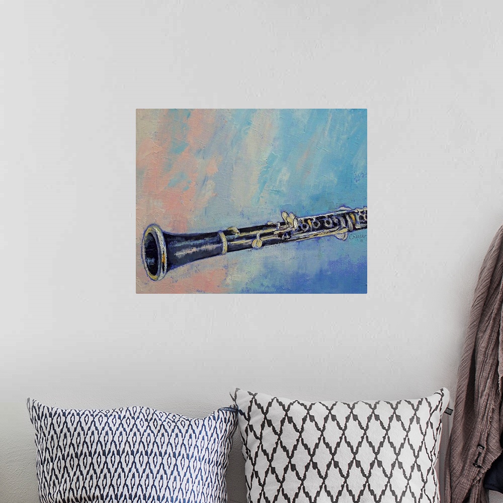 A bohemian room featuring Original oil on canvas painting by American artist Michael Creese of a clarinet on a soft texture...
