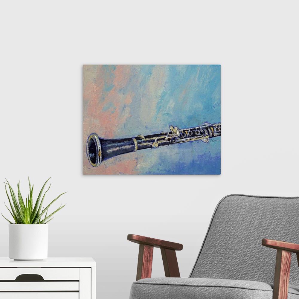 A modern room featuring Original oil on canvas painting by American artist Michael Creese of a clarinet on a soft texture...