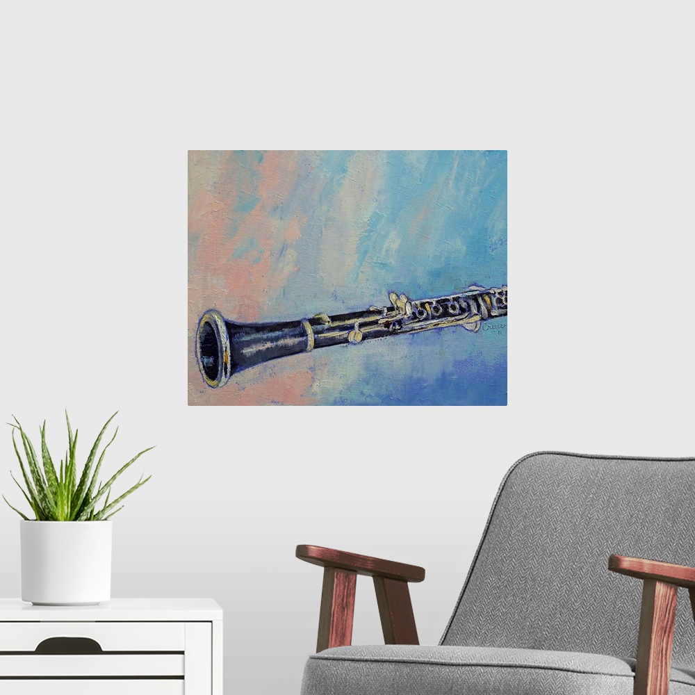 A modern room featuring Original oil on canvas painting by American artist Michael Creese of a clarinet on a soft texture...