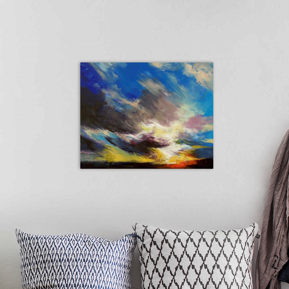 A bohemian room featuring Giclee print of a landscape oil painting with big, bold brush strokes of clouds in the sky.