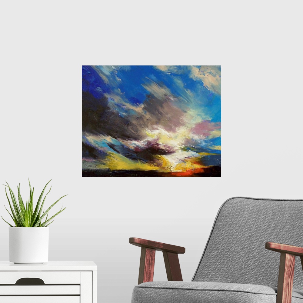 A modern room featuring Giclee print of a landscape oil painting with big, bold brush strokes of clouds in the sky.