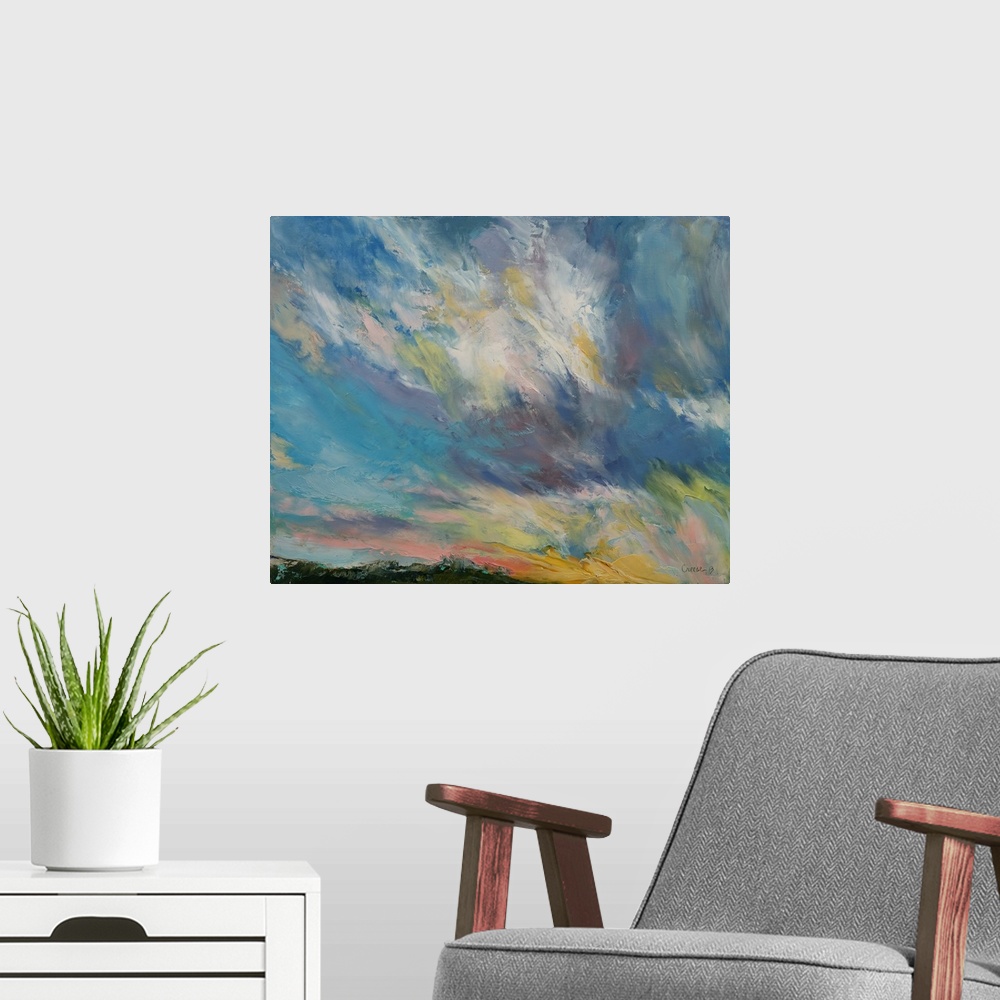 A modern room featuring A contemporary painting of a colorful skyscape.