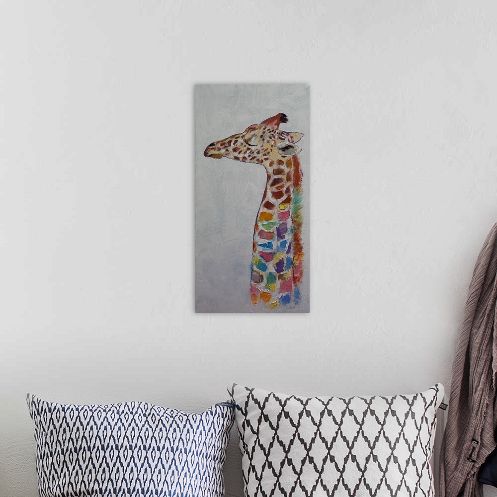 A bohemian room featuring A contemporary painting of a giraffe with colorful spots.