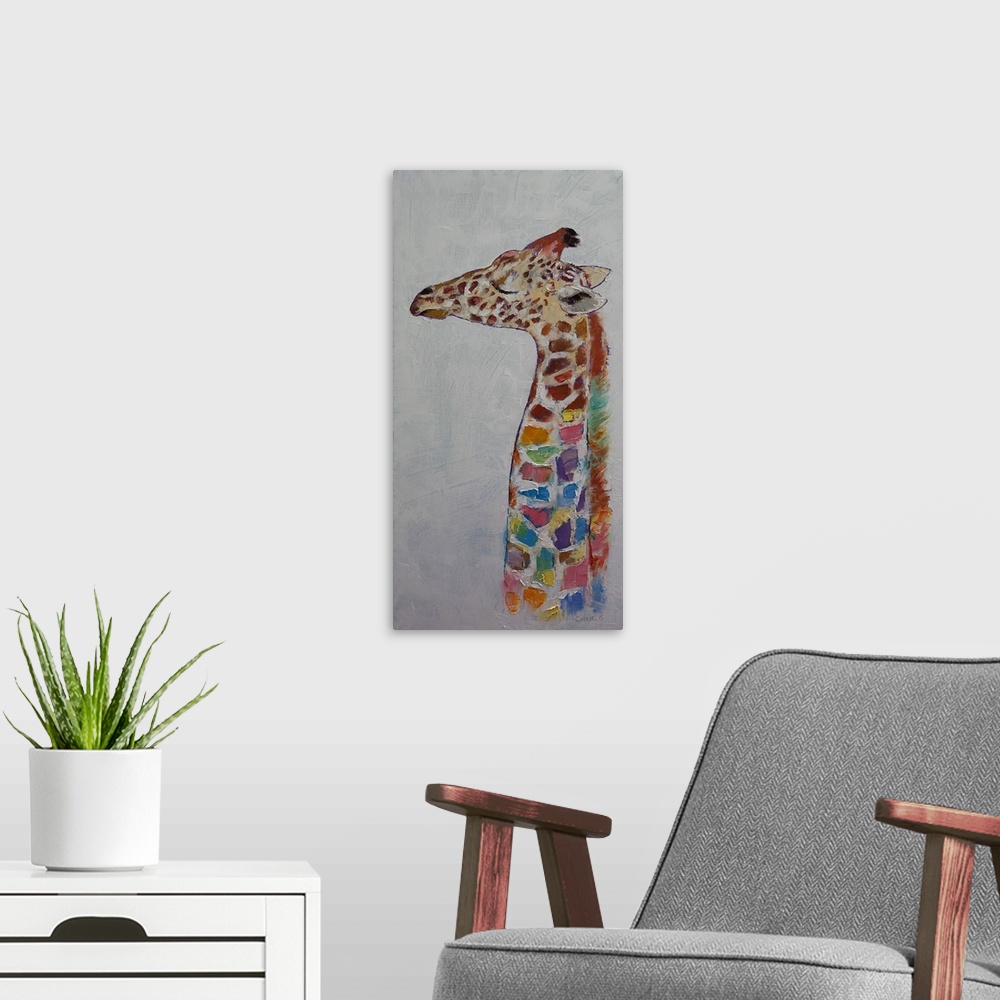 A modern room featuring A contemporary painting of a giraffe with colorful spots.