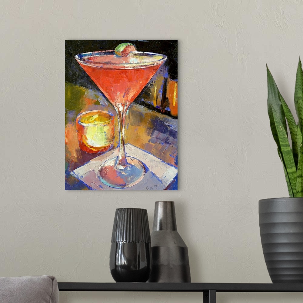 A modern room featuring Artwork perfect for the home or kitchen of an oil painted martini glass filled with a pink drink ...