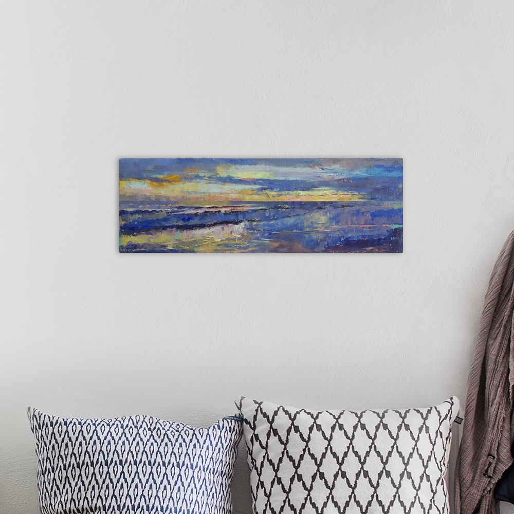 A bohemian room featuring A piece of contemporary artwork that depicts a sunset over ocean water.