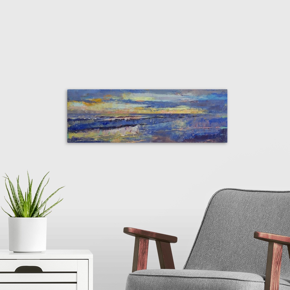 A modern room featuring A piece of contemporary artwork that depicts a sunset over ocean water.
