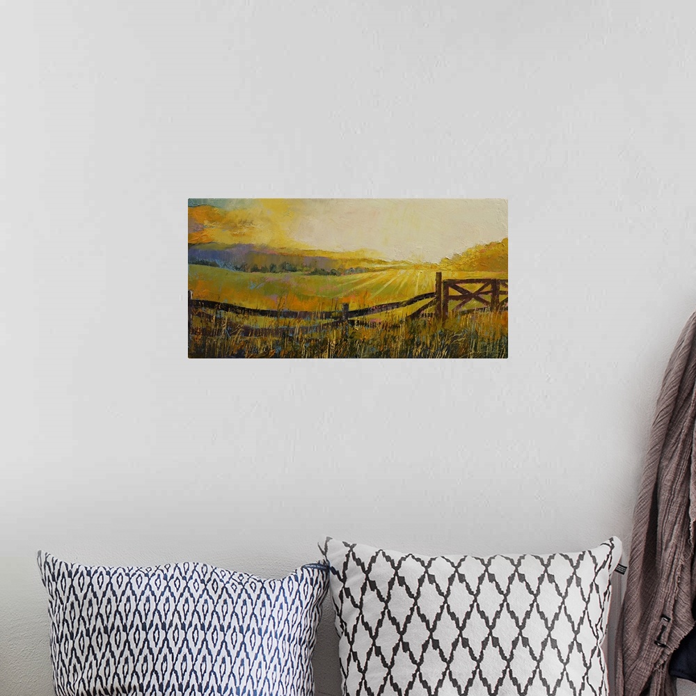 A bohemian room featuring A contemporary painting of a countryside landscape.