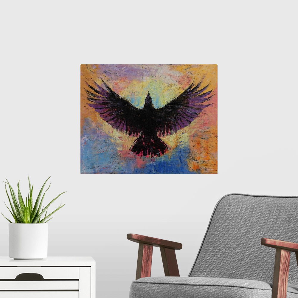 A modern room featuring A contemporary painting of a black bird against a colorful background.