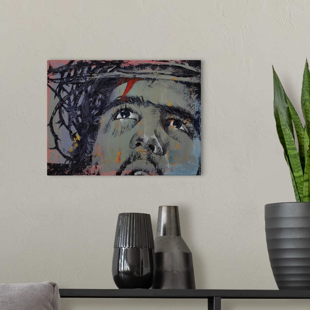 A modern room featuring A contemporary painting of a close-up on the face of Jesus wearing the crown of thorns.