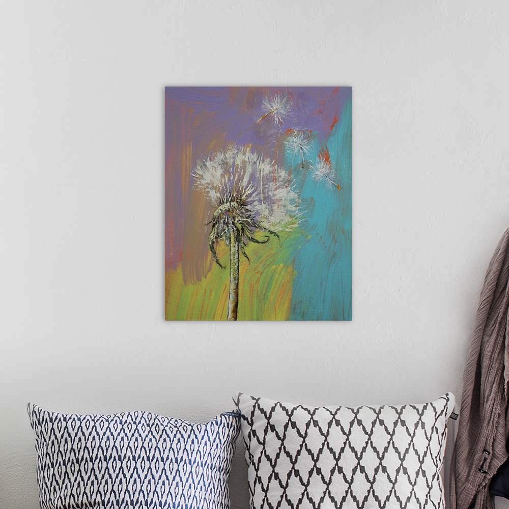 A bohemian room featuring A contemporary painting of a dandelion with some of its seeds blowing away.