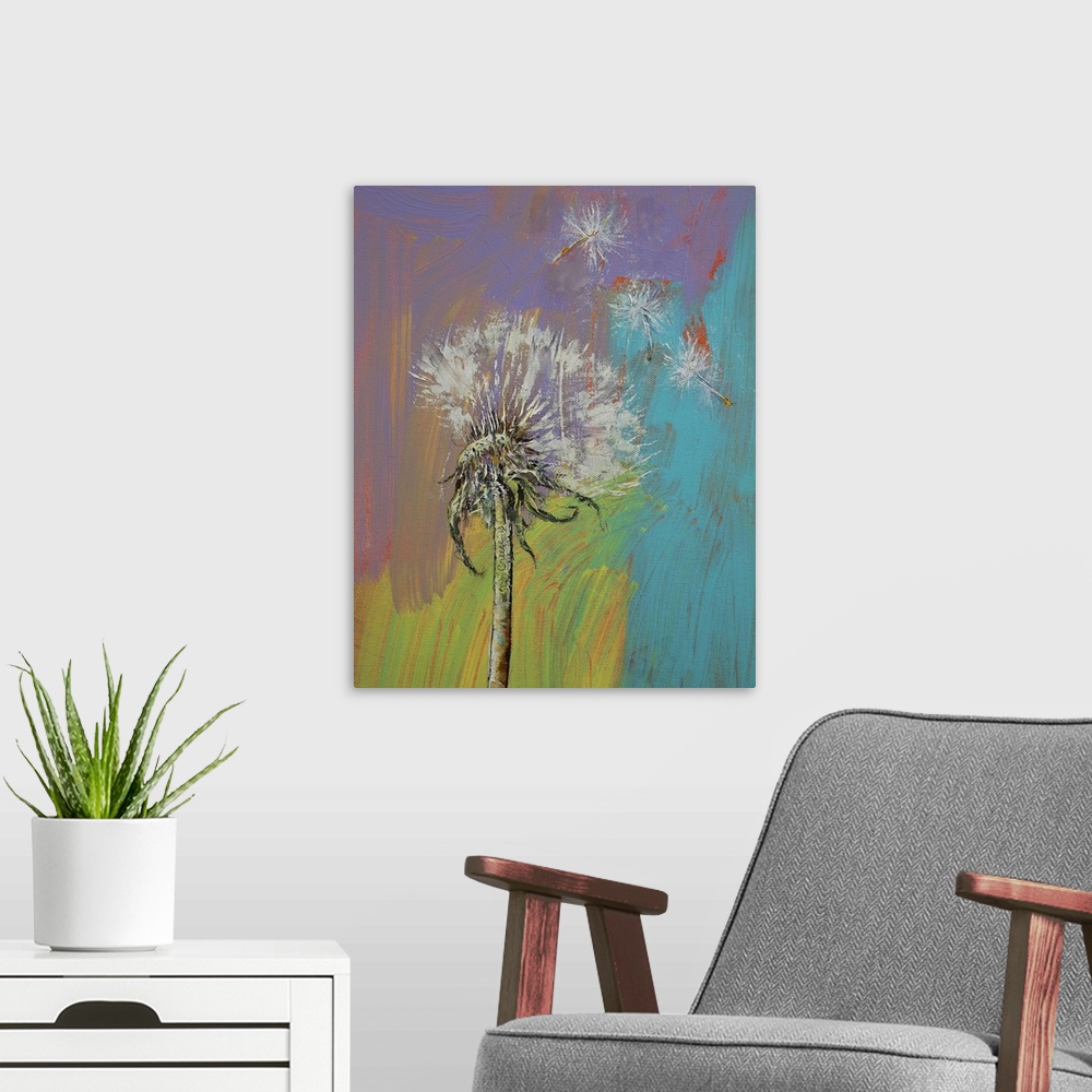 A modern room featuring A contemporary painting of a dandelion with some of its seeds blowing away.