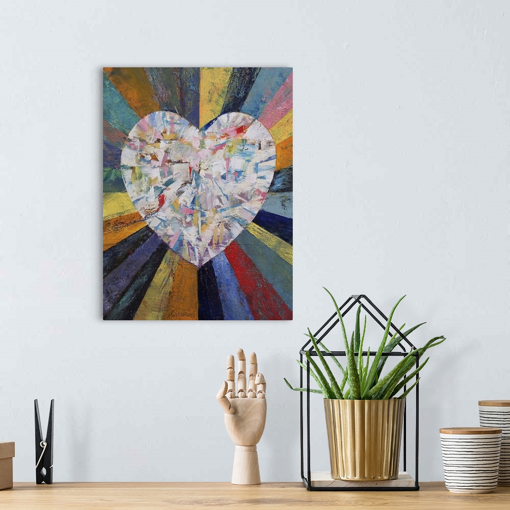 A bohemian room featuring A contemporary painting of a diamond in the shape of a heart.