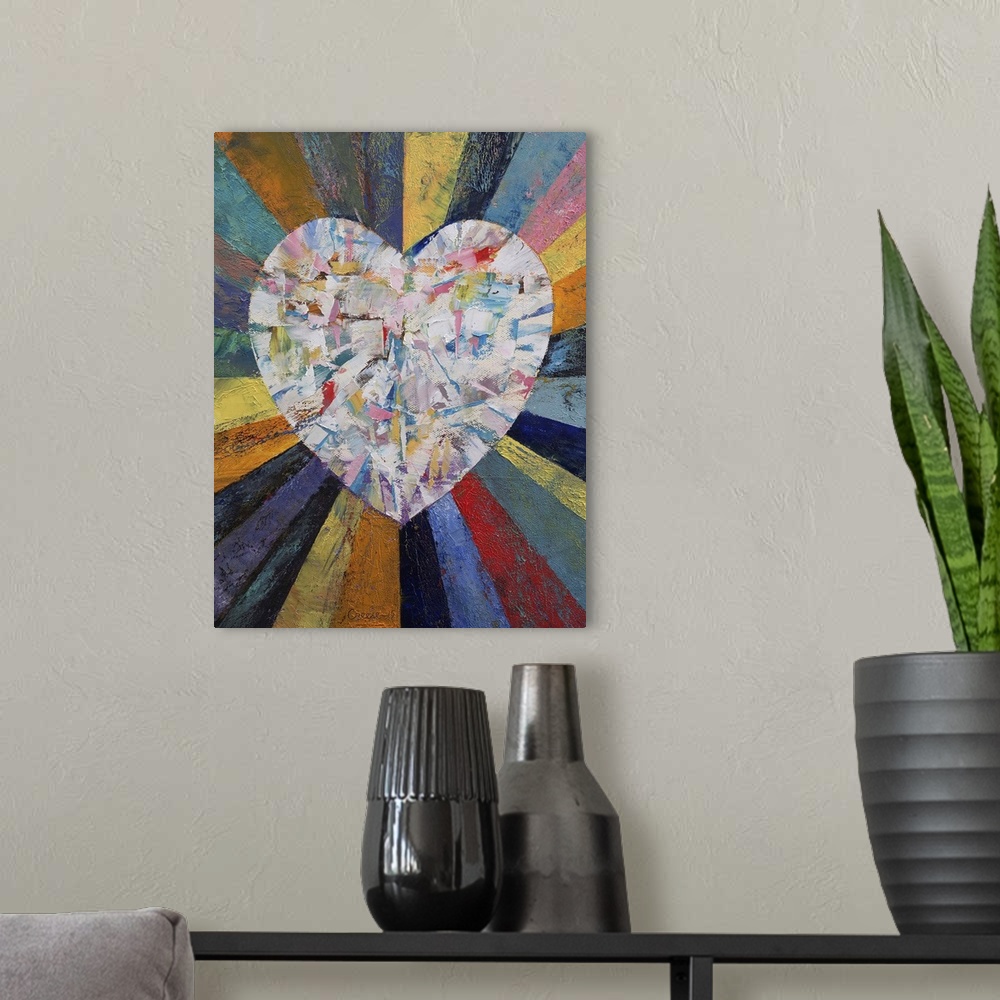 A modern room featuring A contemporary painting of a diamond in the shape of a heart.