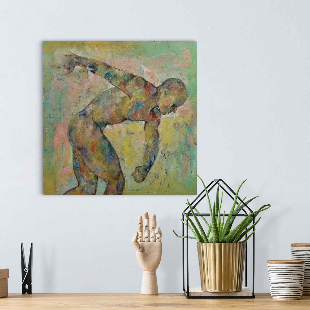 A bohemian room featuring A contemporary painting of a nude male discus thrower.