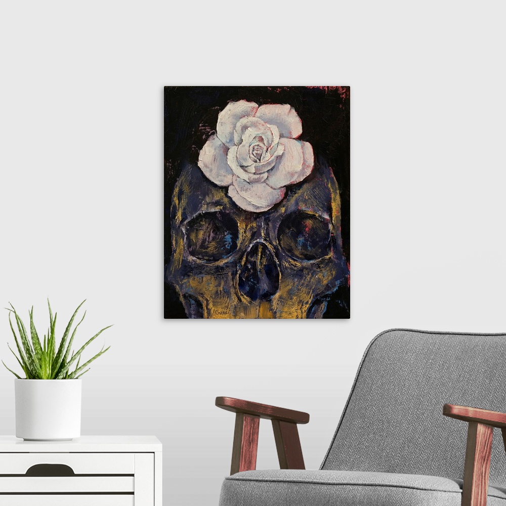 A modern room featuring A contemporary painting of a human skull with a white flower on the forehead.