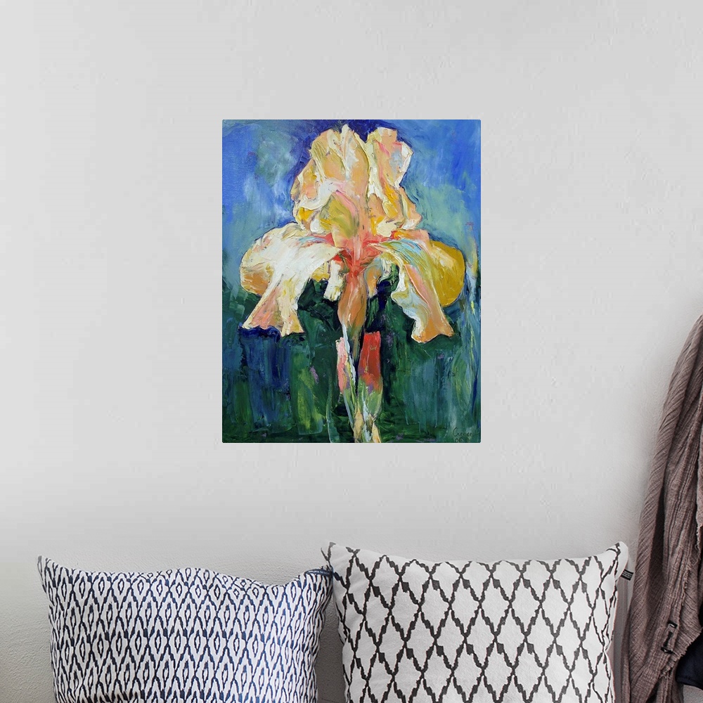 A bohemian room featuring Oil floral painting of a single Irish flower.