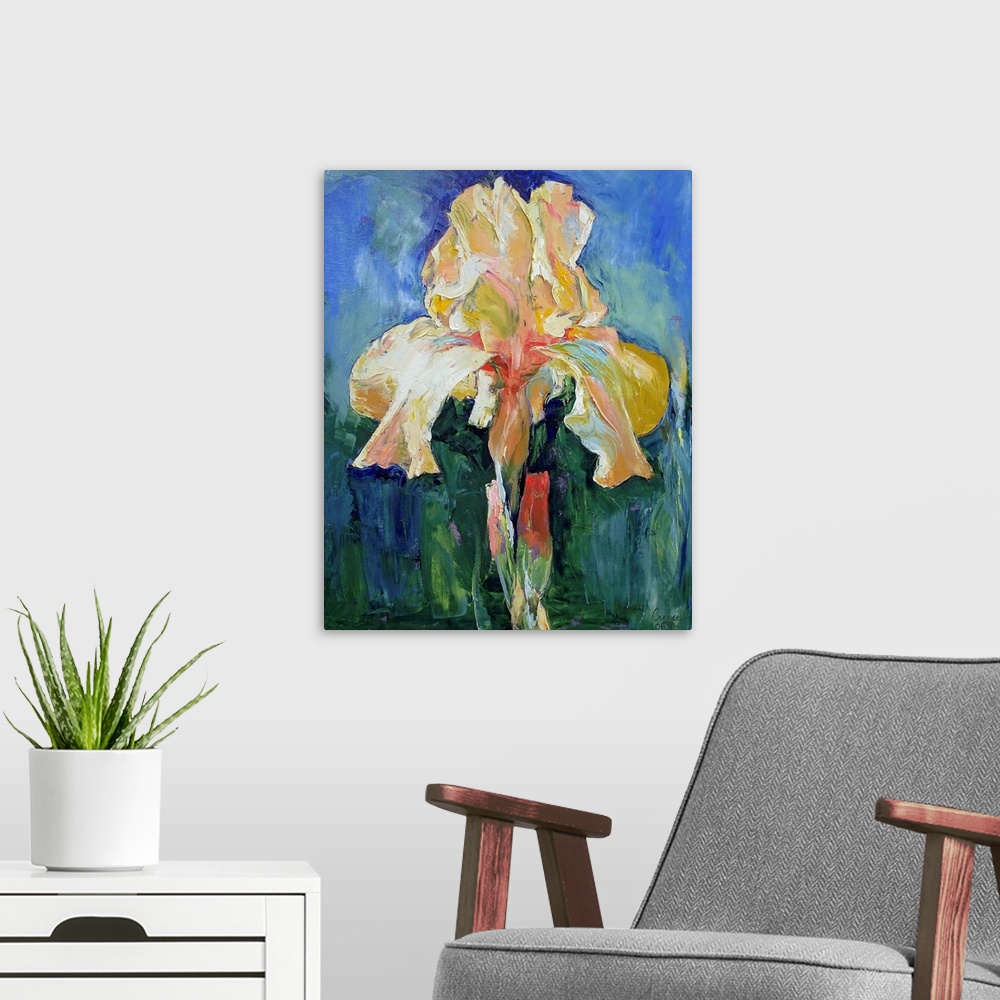 A modern room featuring Oil floral painting of a single Irish flower.